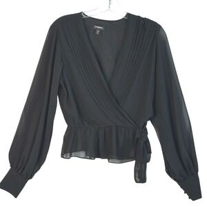 Express Blouse Black Sheer Long Sleeve Wrap Top Pleated Detail Tie Waist Small